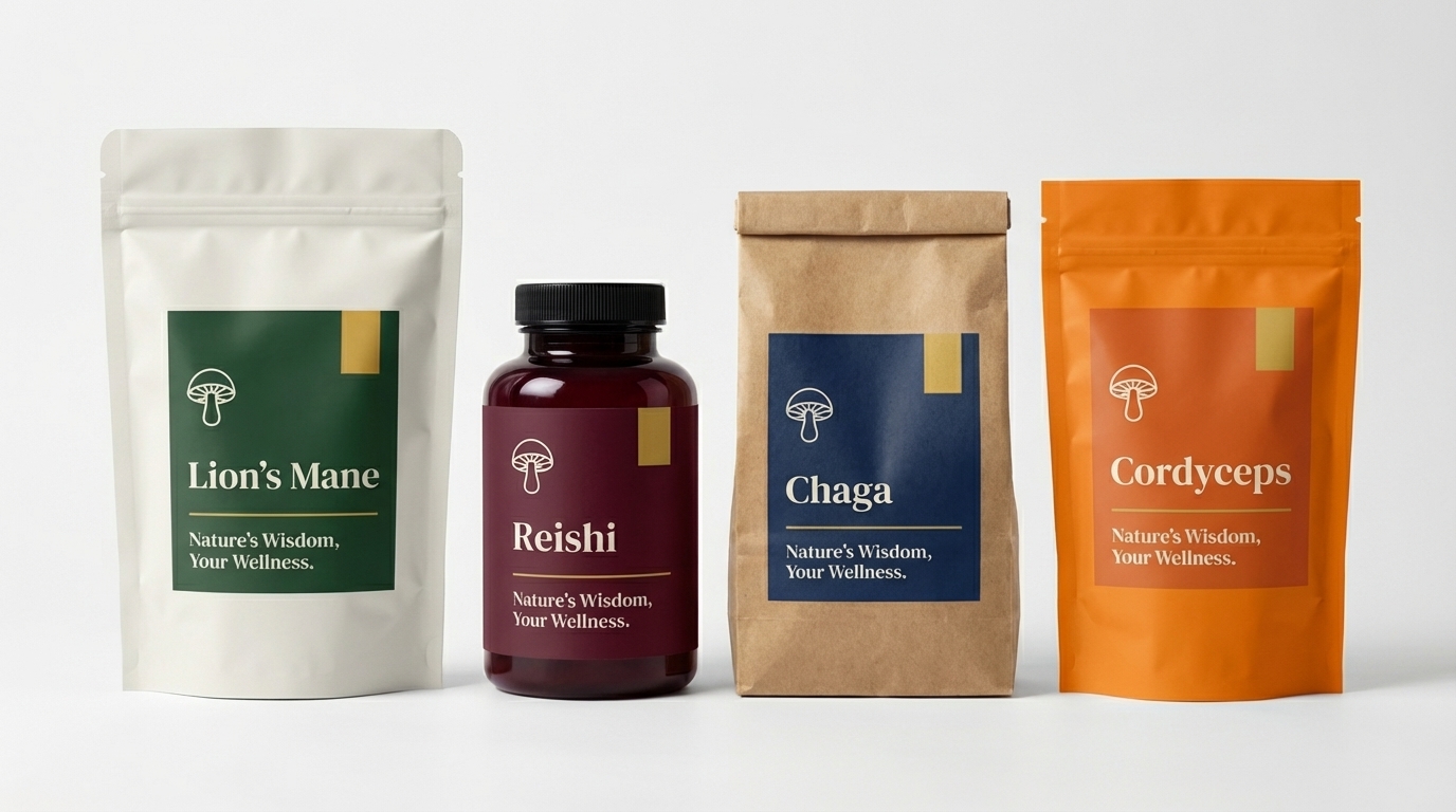 Functional Mushroom Product Packaging by Type Lion's Mane Reishi Chaga Cordyceps functional mushroom supplement packaging varieties