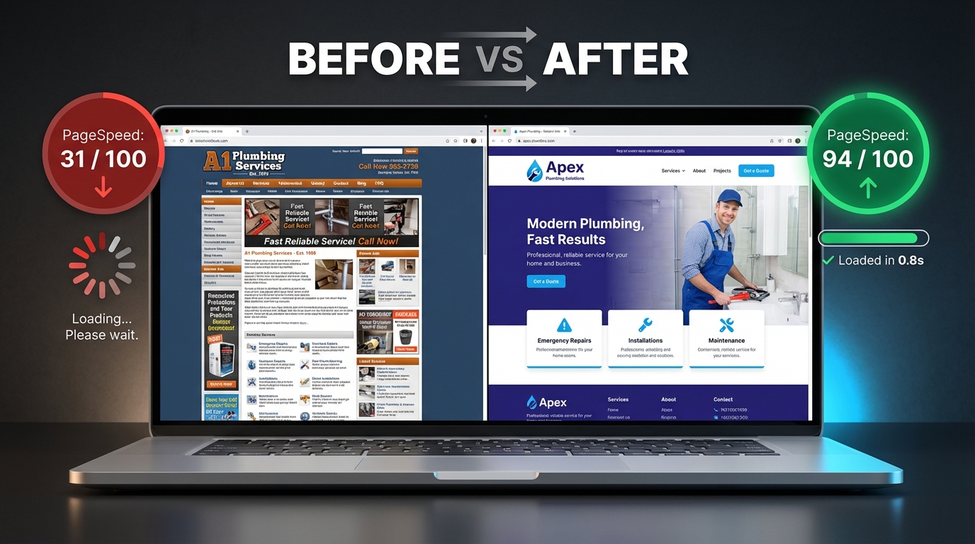 plumbing website before after redesign PageSpeed improvement